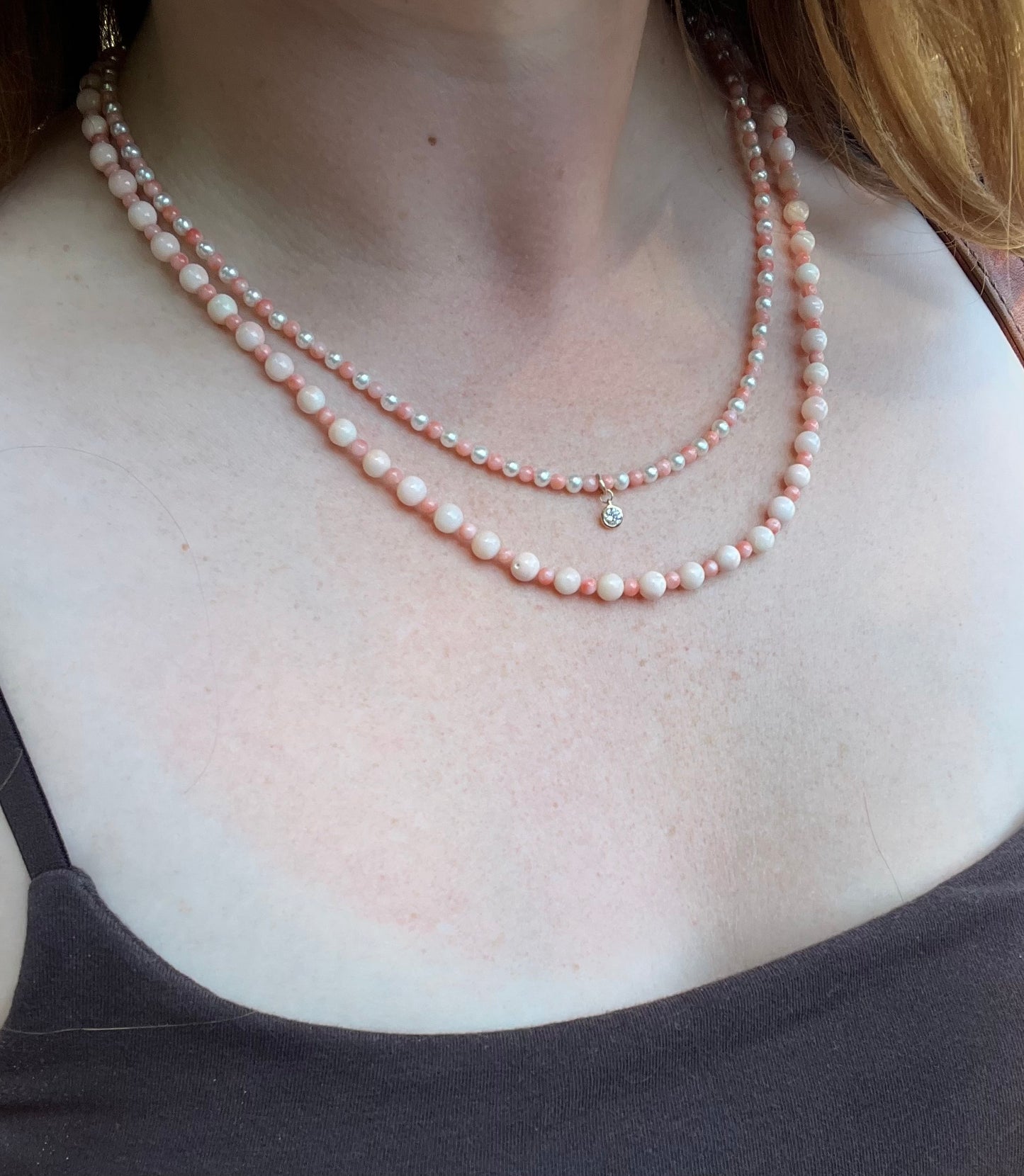 Pearl and Coral Necklace with Diamond Drop