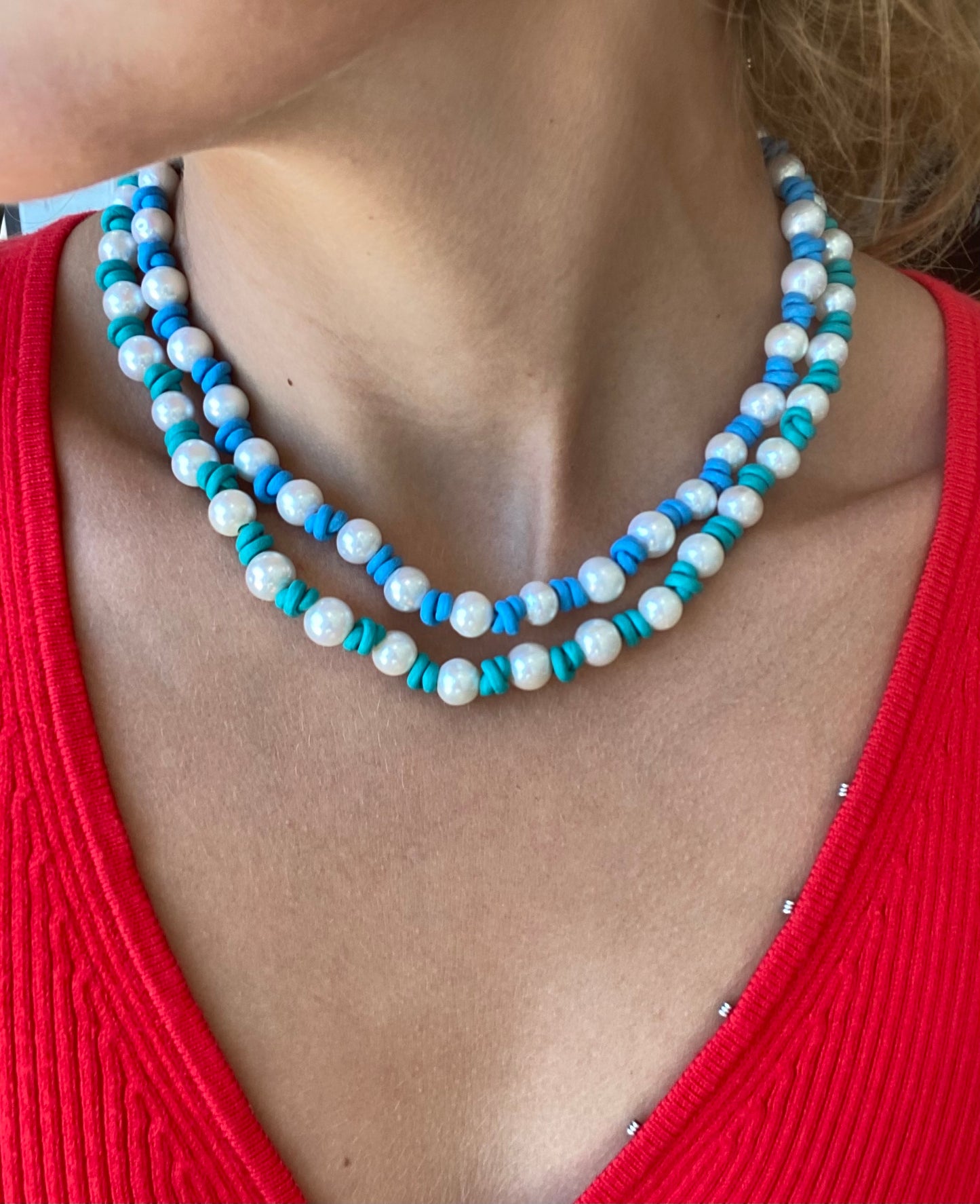 Turquoise Green Leather and Pearl Necklace