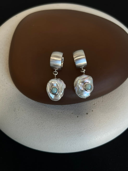 Pearl and Opal on Sterling Silver Hoops