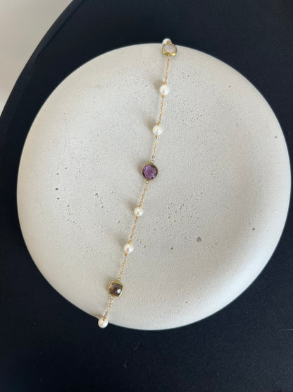Pearl Quartz and Amethyst Gemstone Station Necklace