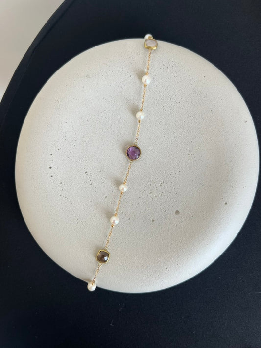 Pearl Quartz and Amethyst Gemstone Station Necklace