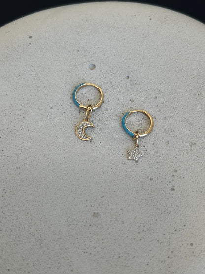 Moon and Star Earrings - Blue Enamel Hoops
