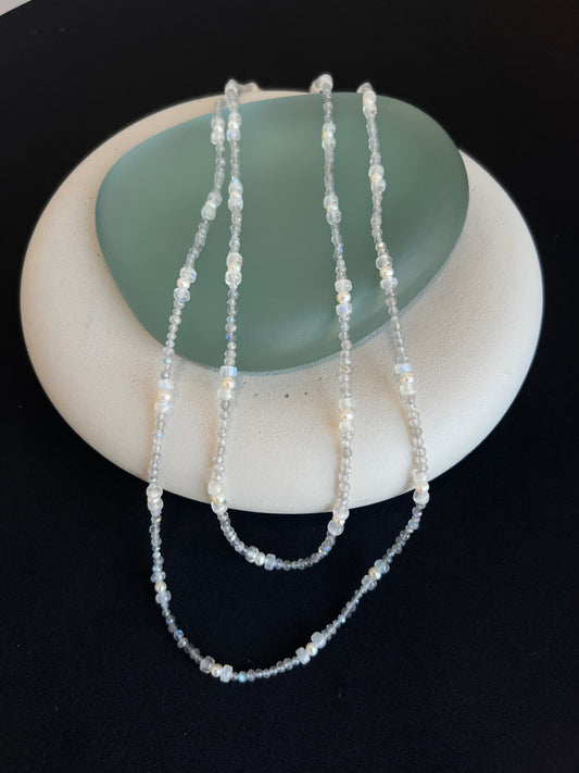 Labradorite, Moonstone, and Pearl Wrap Necklace