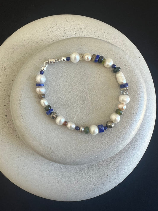 Pearl, Lapis, Tourmaline, and Quartz Bracelet