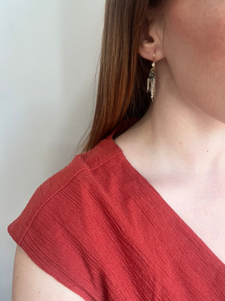 Diamond Beads and Gold Fringe Earrings