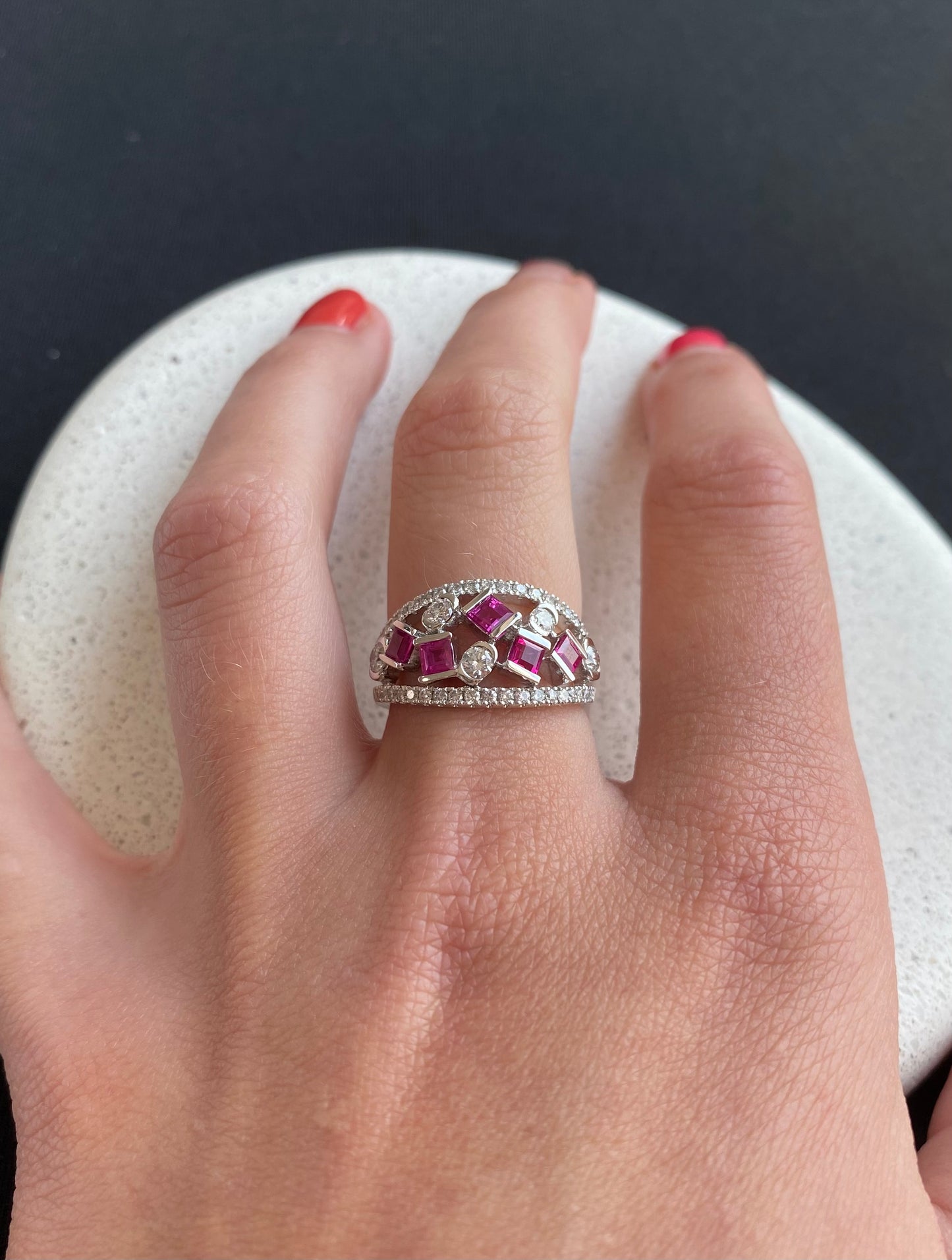 Ruby and Diamond Scattered Bridge Ring