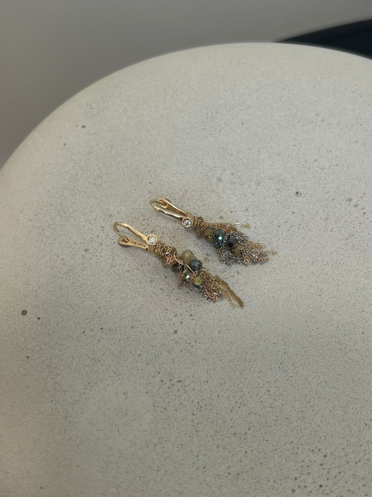 Diamond Beads and Gold Fringe Earrings