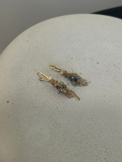 Diamond Beads and Gold Fringe Earrings