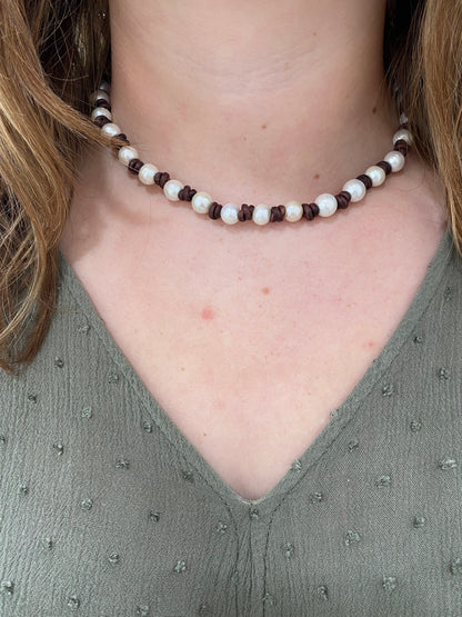 Brown Leather Pearl Necklace