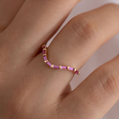 Curved Pink Sapphire Baguette Ring