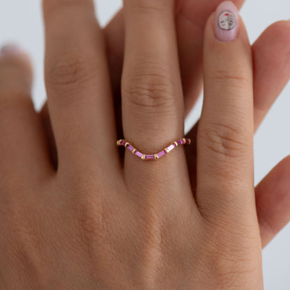 Curved Pink Sapphire Baguette Ring
