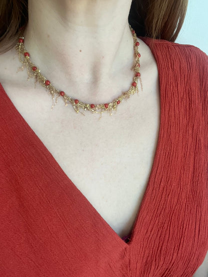 Coral Gold Fringe Necklace