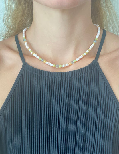 Pink Opal, Opal, and Aquamarine Necklace