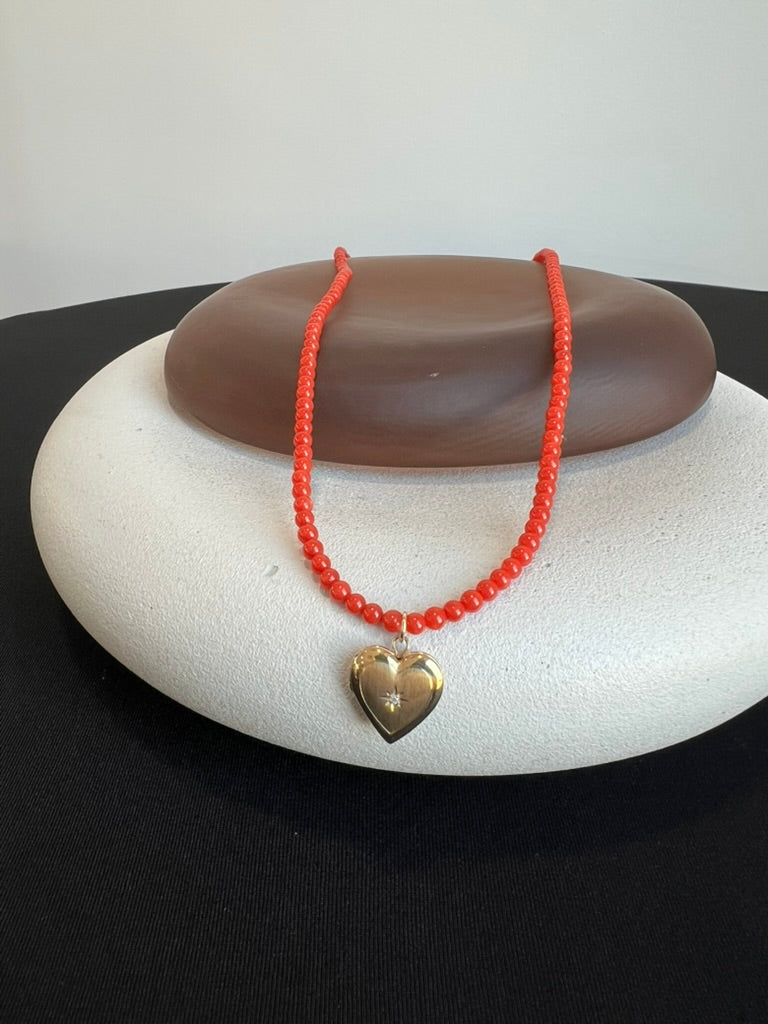 Coral Heart Locket Necklace