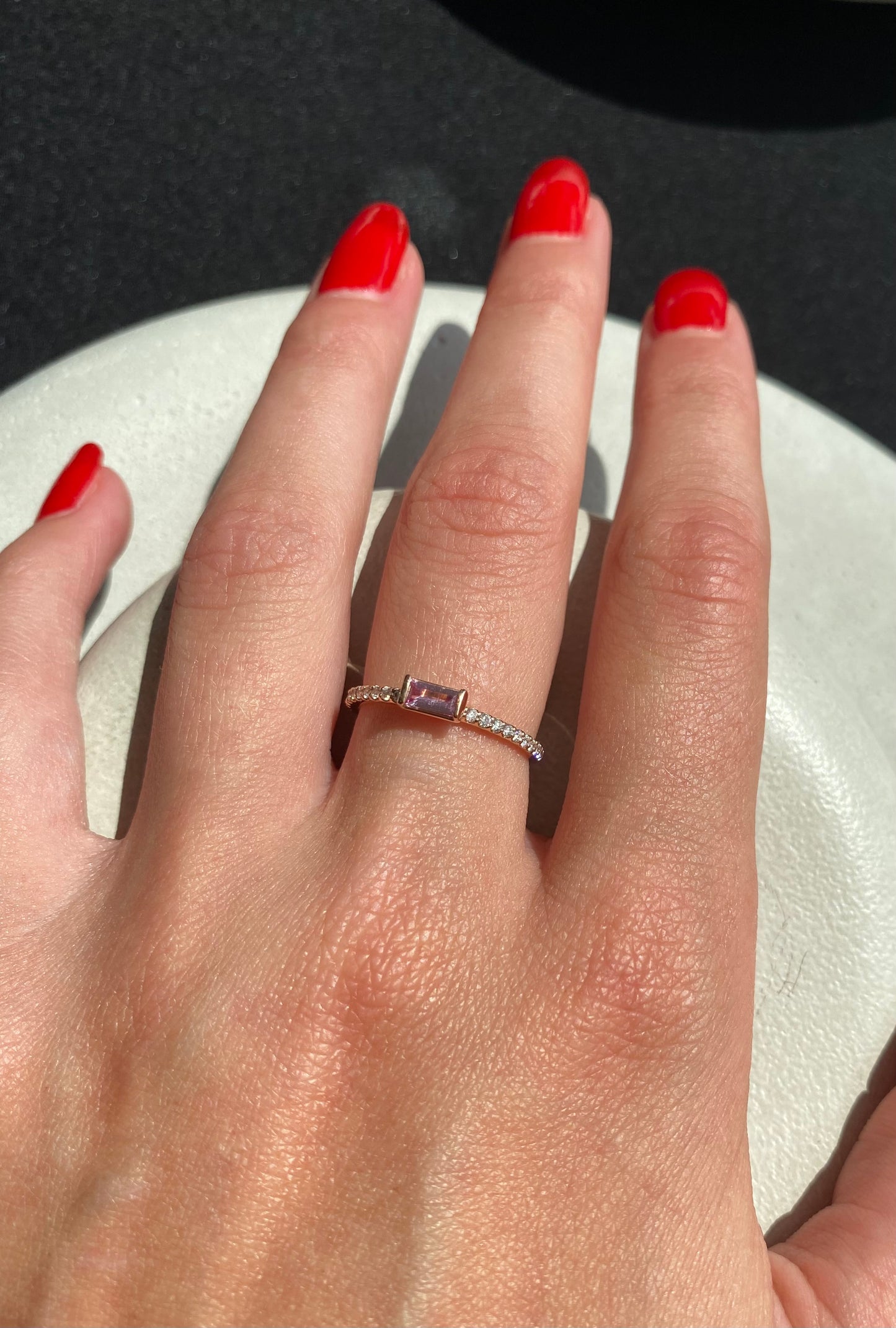 Pink Sapphire Baguette and Diamond Ring