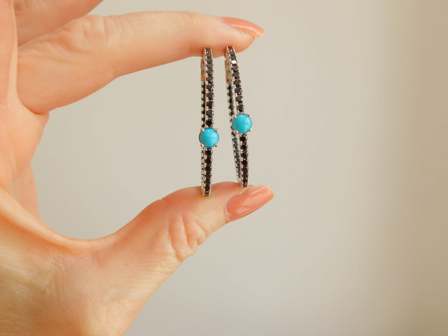 Custom Black Diamond and Turquoise Hoop Earrings