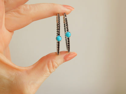 Custom Black Diamond and Turquoise Hoop Earrings