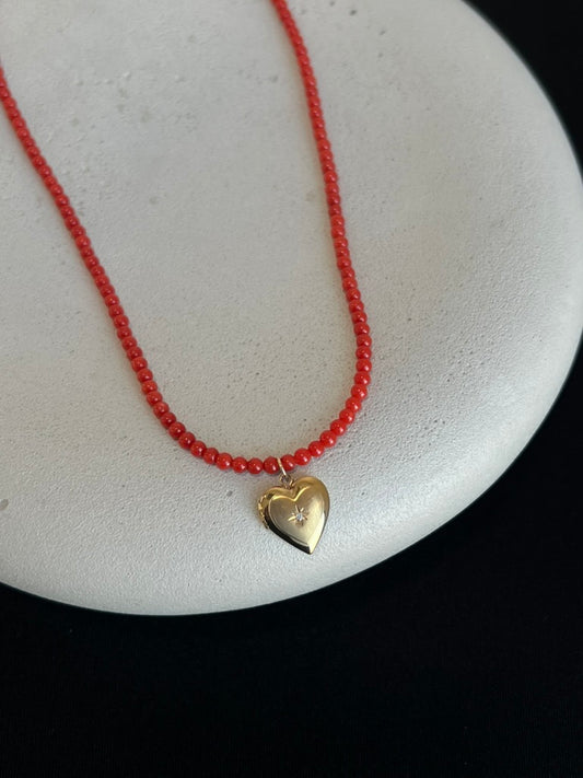 Coral Heart Locket Necklace