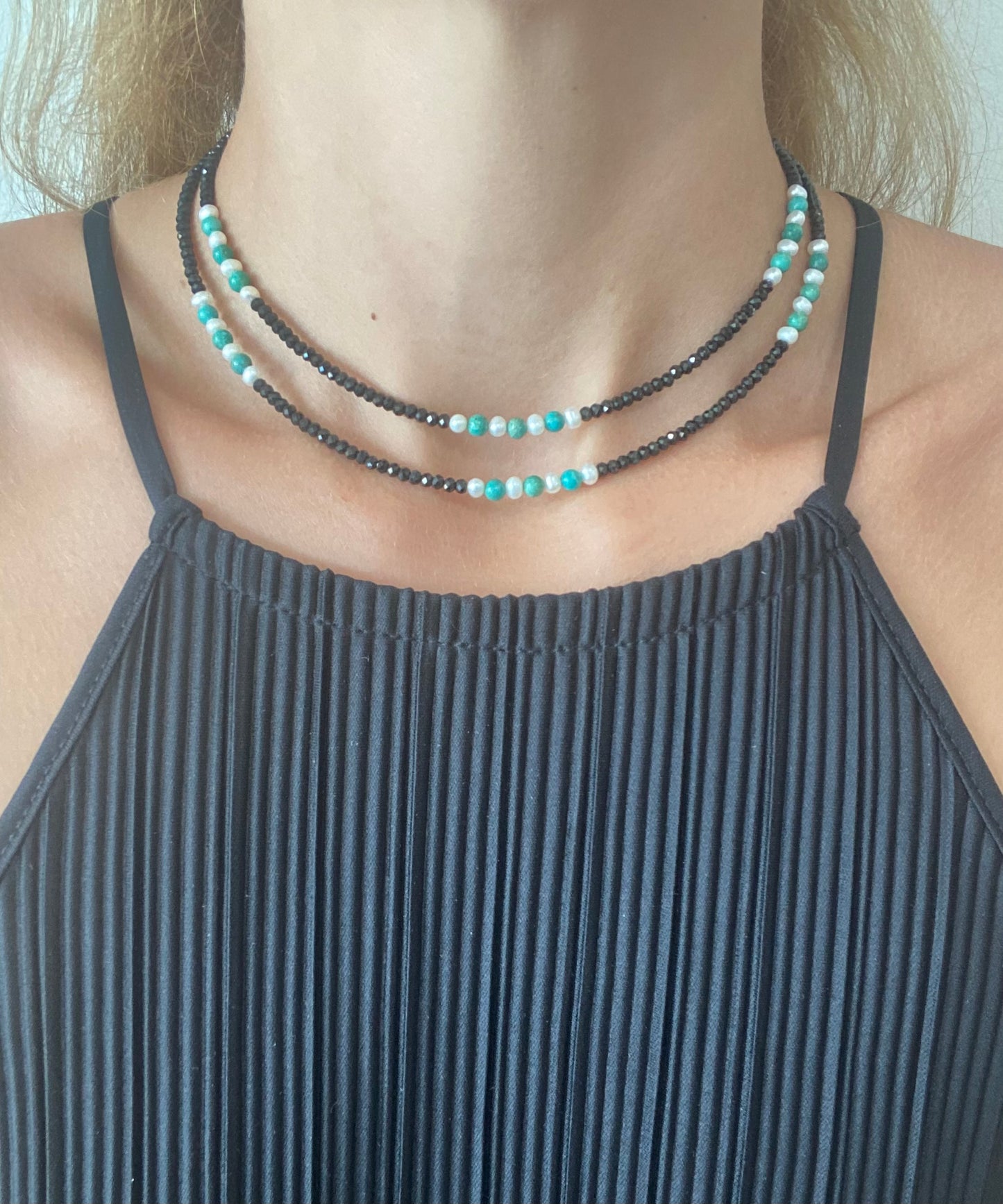 Turquoise Spinel and Pearl Long Necklace