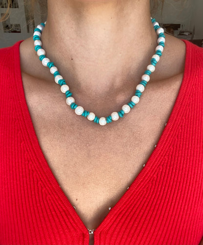 Turquoise Green Leather and Pearl Necklace