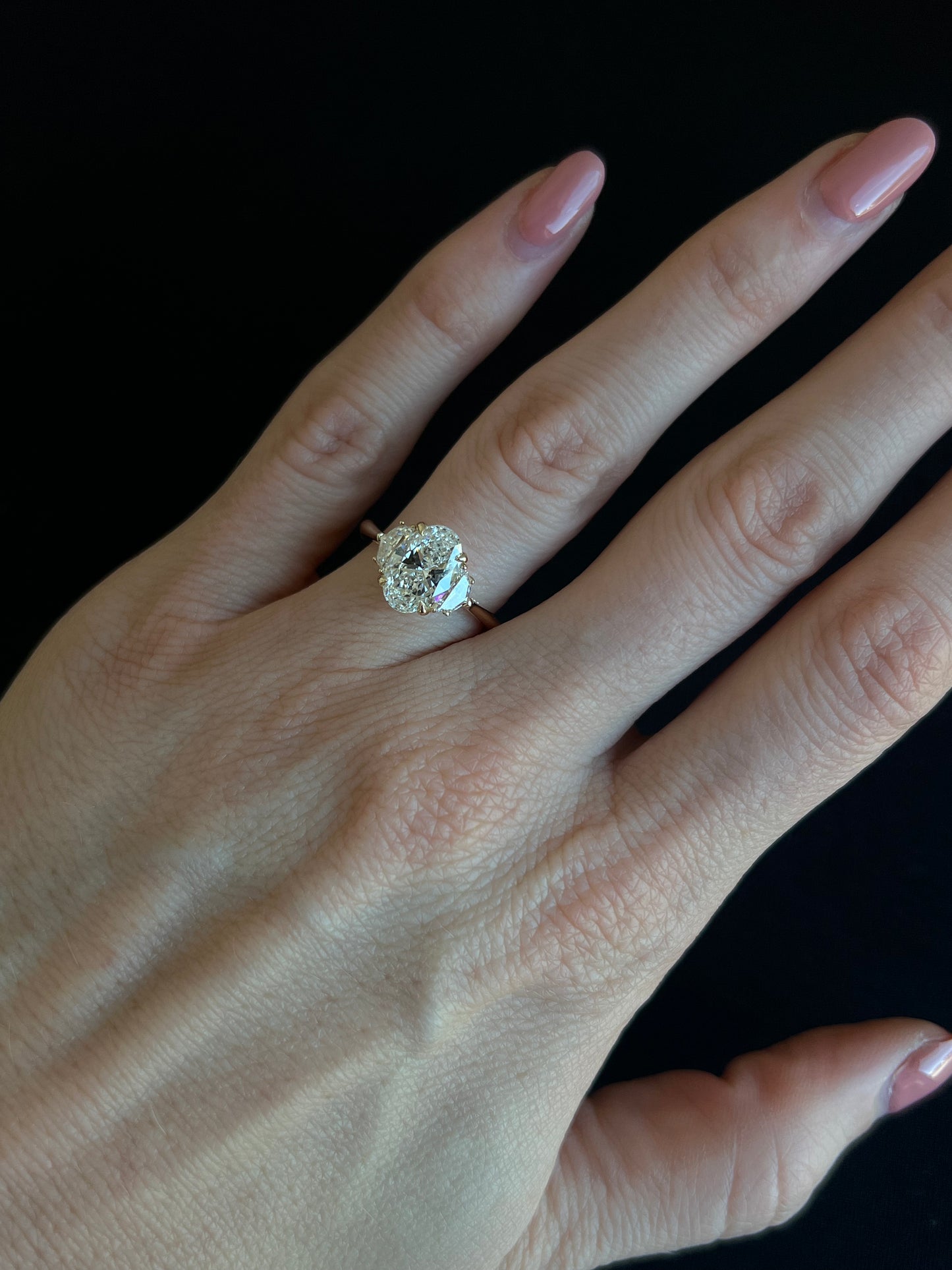 Three Stone Oval and Epaulette Diamond Engagement Ring