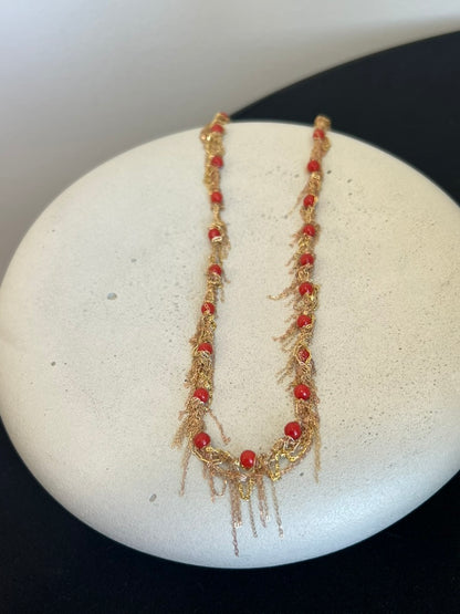 Coral Gold Fringe Necklace