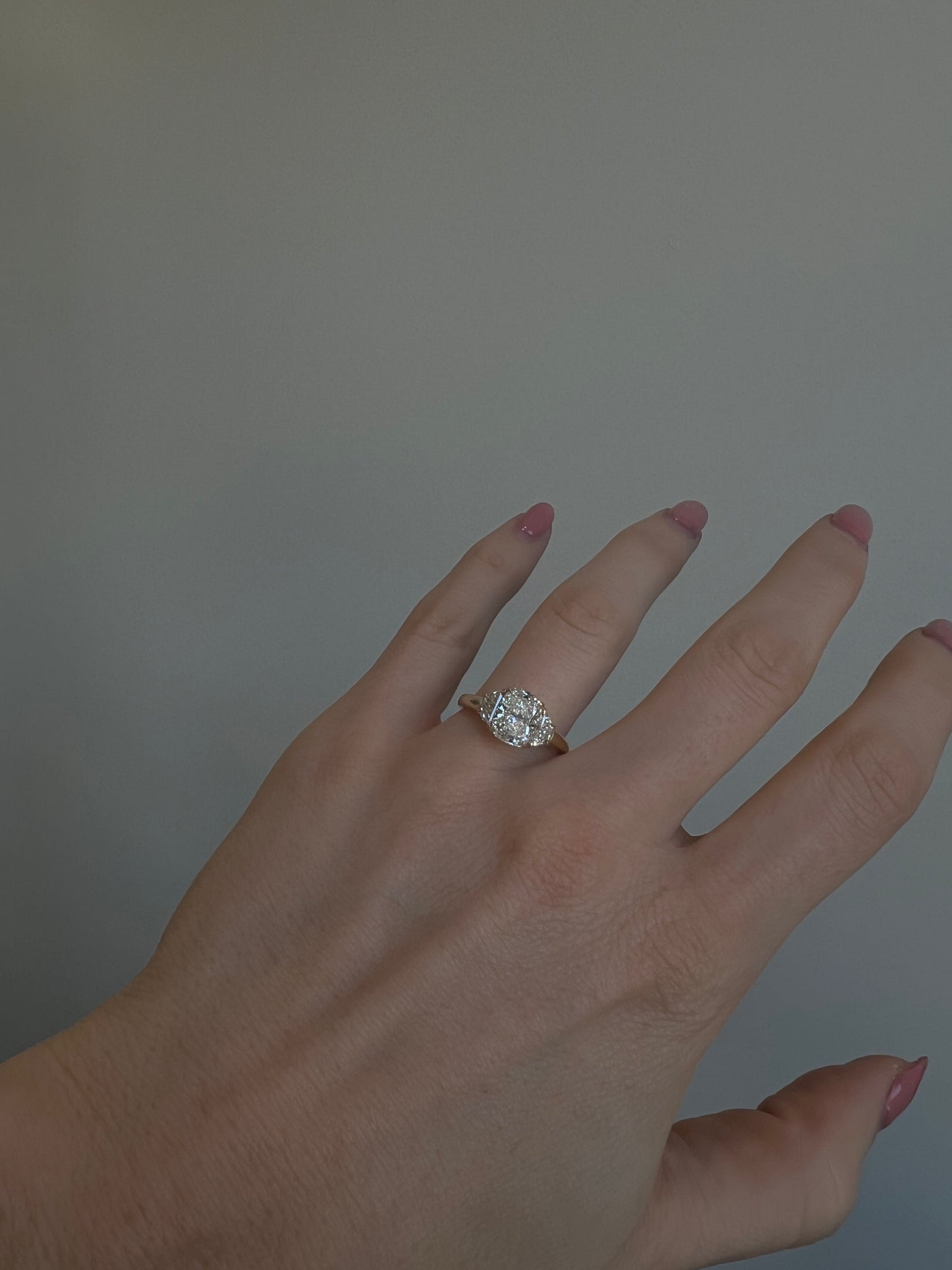 Three Stone Cushion and Half Moon Diamond Engagement Ring