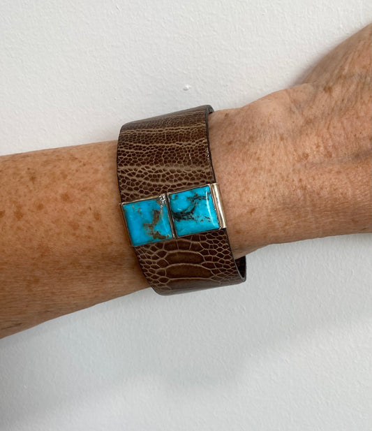 Brown Ostrich & Turquoise Cuff