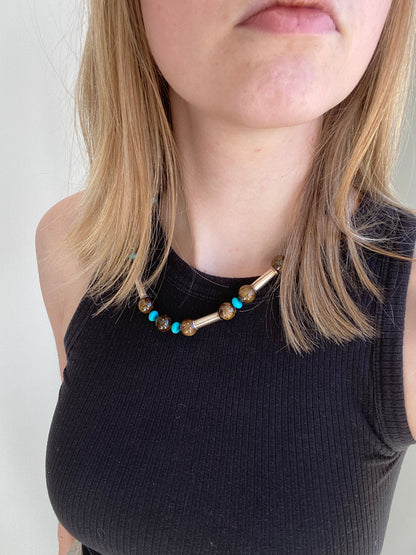 Bronzite and Turquoise Silver Tube Necklace