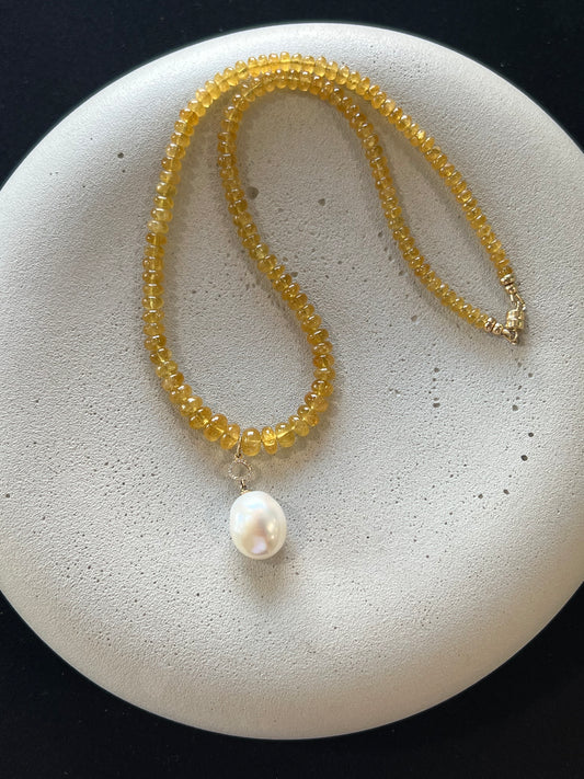 Pearl, Diamond, and Yellow Beryl Necklace