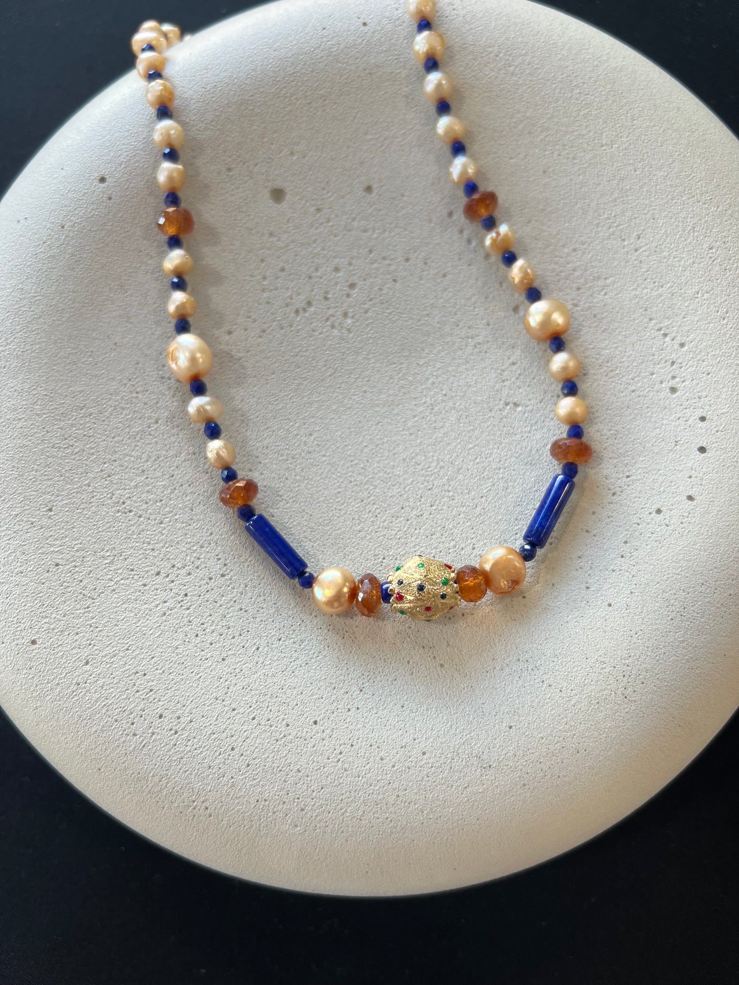 Lapis, Pearl, Quartz, and Precious Gold Bead Necklace