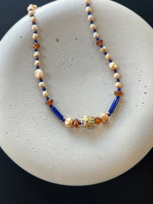 Lapis, Pearl, Quartz, and Precious Gold Bead Necklace