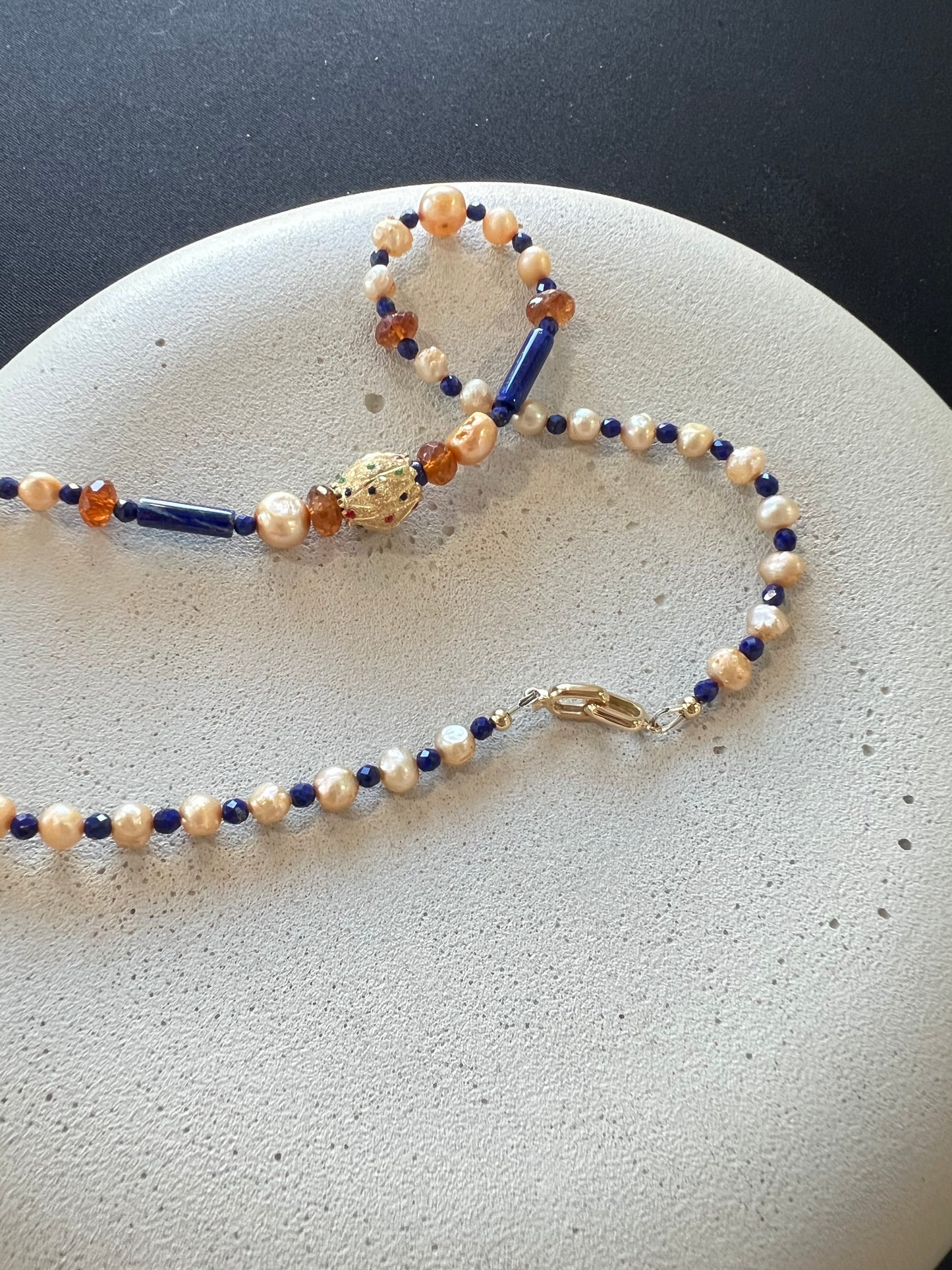 Lapis, Pearl, Quartz, and Precious Gold Bead Necklace