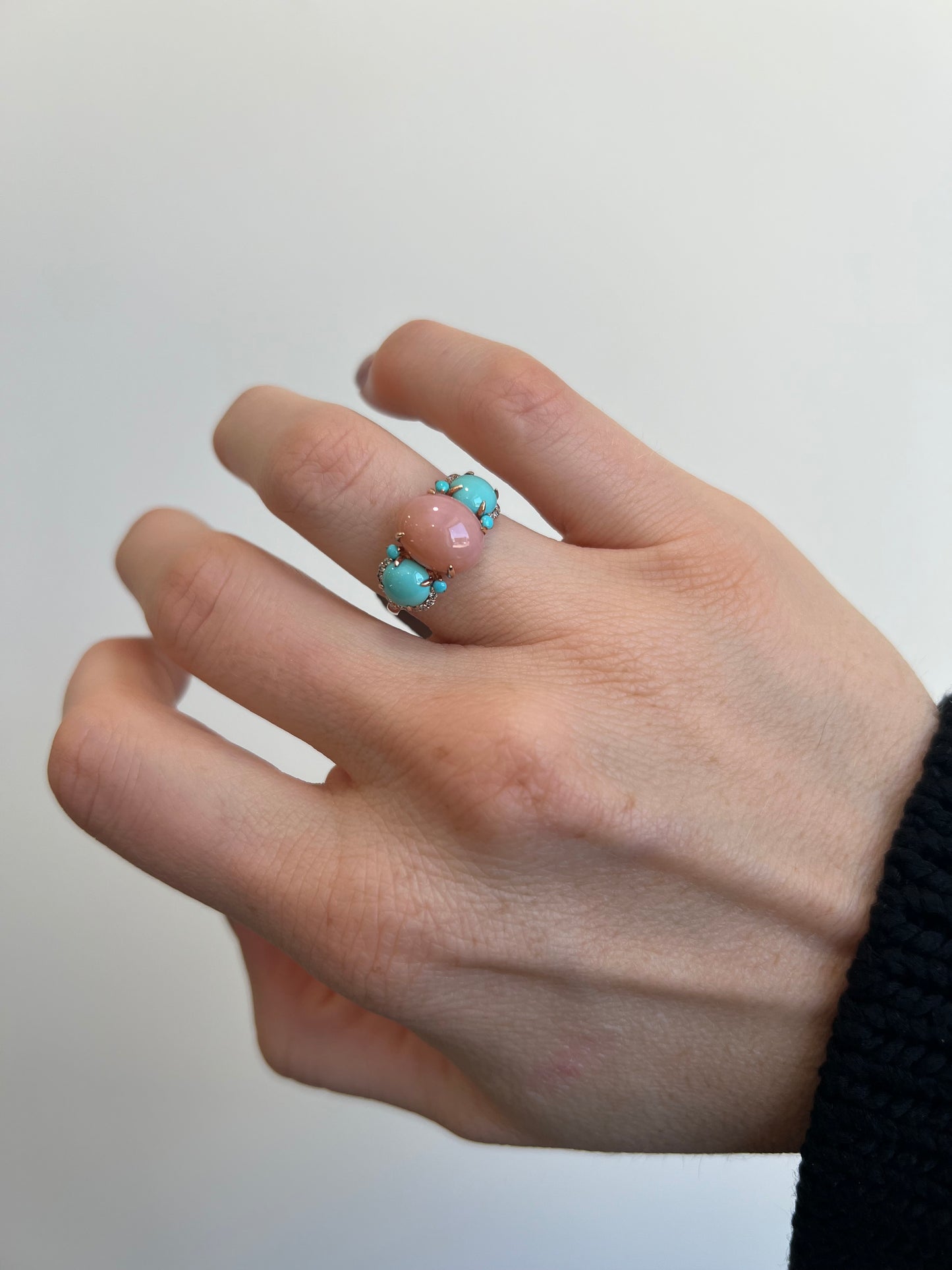 Pink Opal, Turquoise, and Diamond Ring