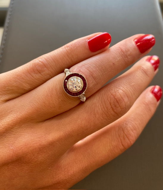 Vintage Inspired Ruby Ring with Diamond Center