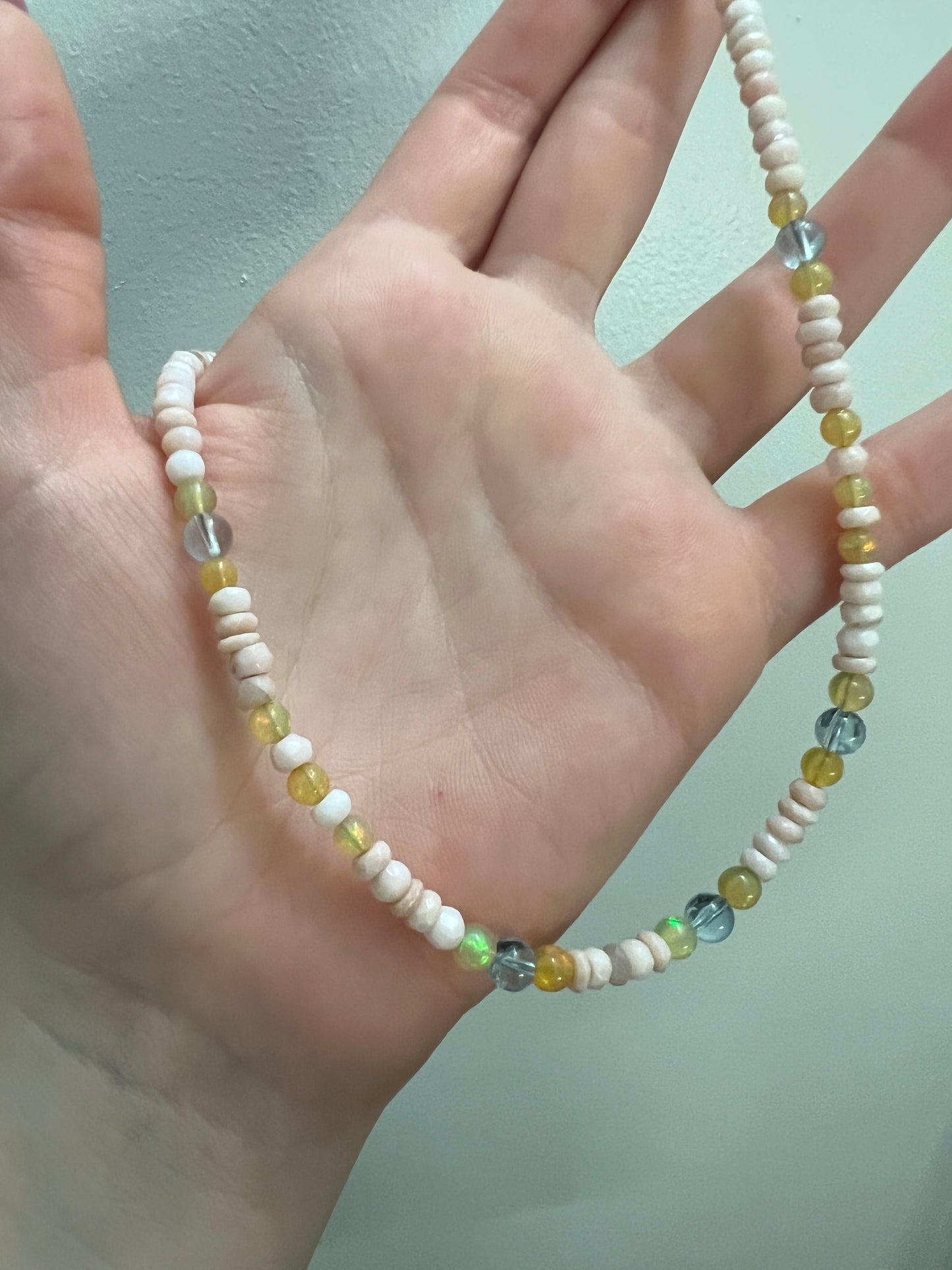 Pink Opal, Opal, and Aquamarine Necklace