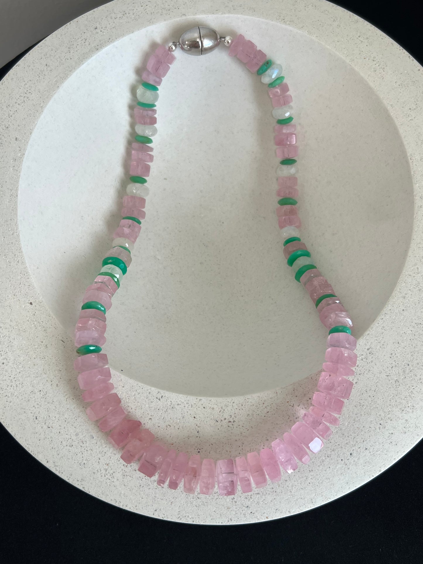 Pink Morganite, Emerald, and Moonstone Beaded Necklace