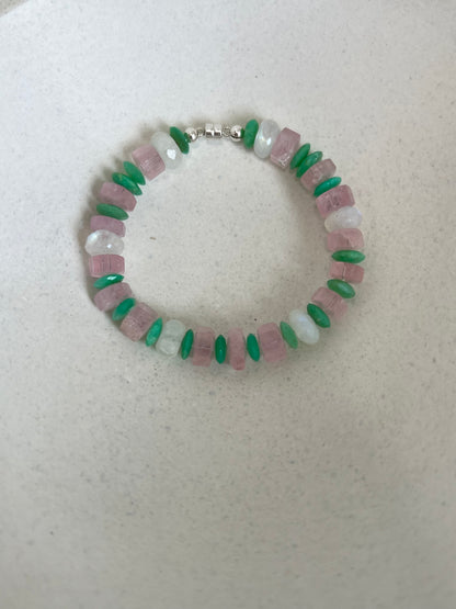 Morganite, Moonstone, and Emerald Beaded Bracelet