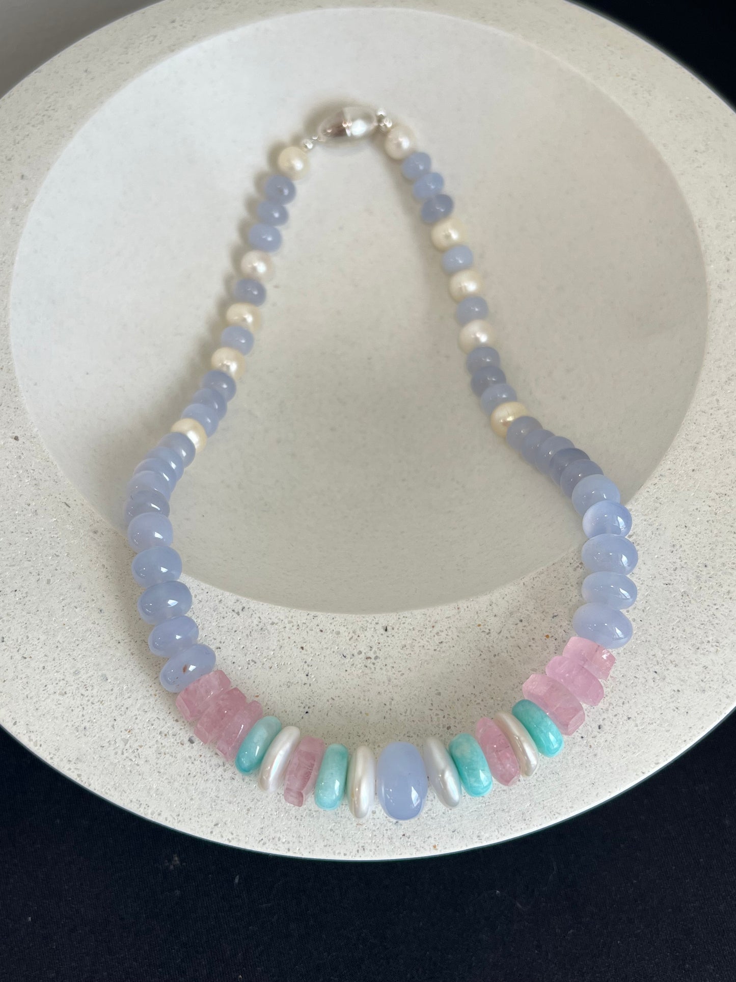 Blue Chalcedony, Pearl, and Pink Morganite Beaded Necklace