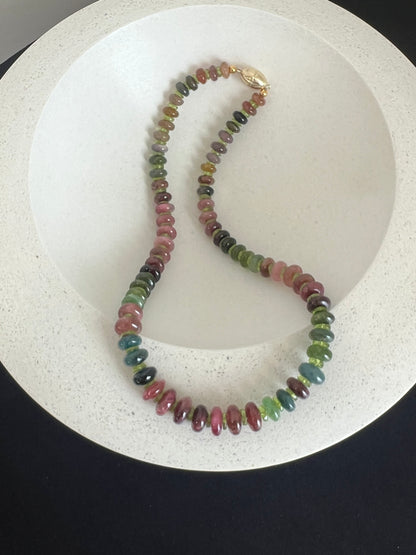Watermelon Tourmaline and Peridot Beaded Necklace