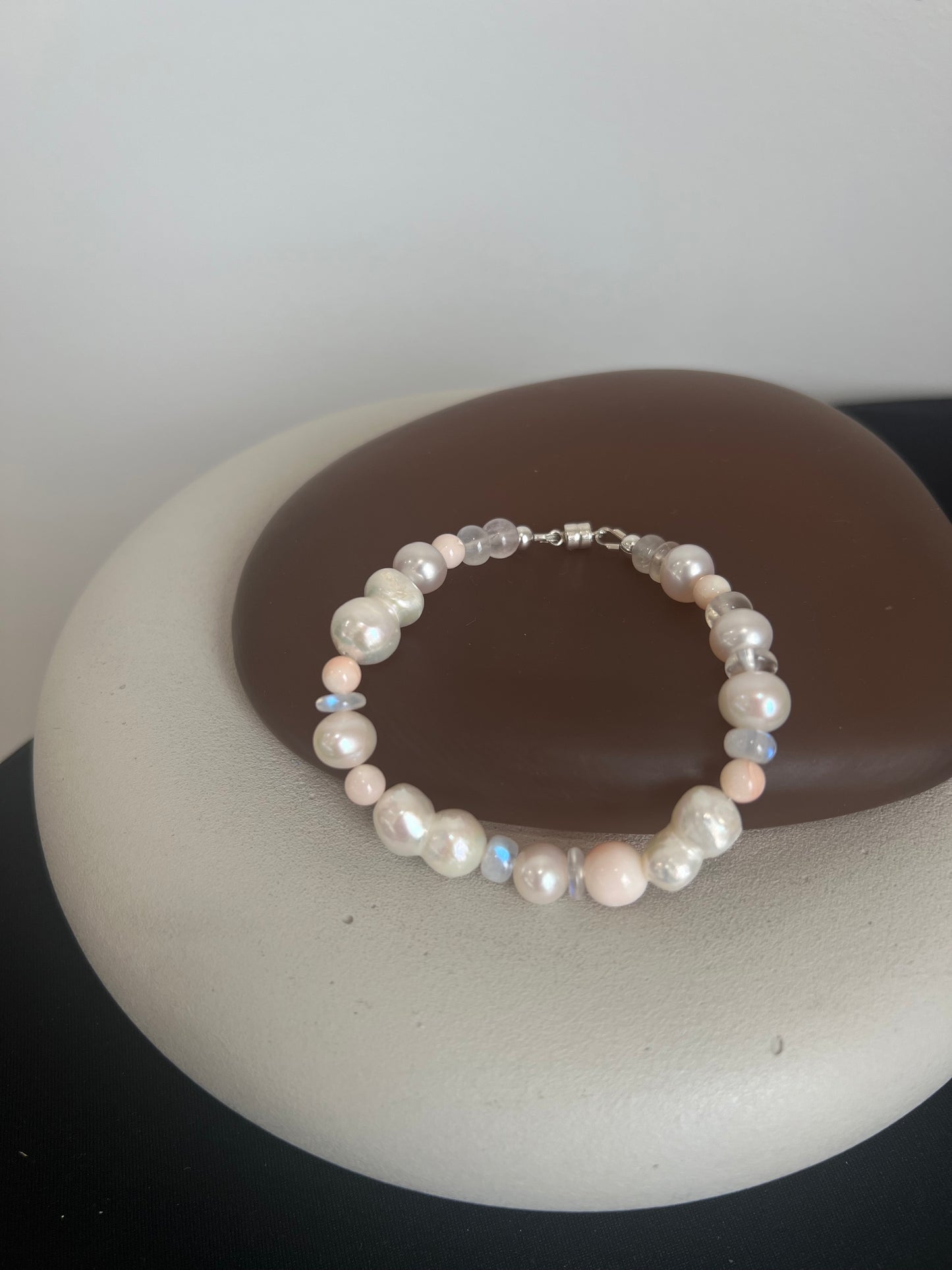Coral, Pearl, and Moonstone Bracelet