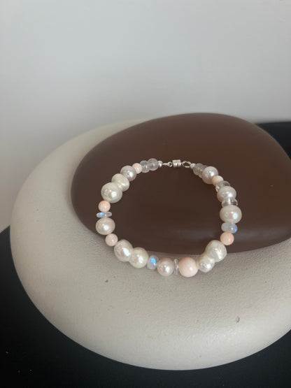 Coral, Pearl, and Moonstone Bracelet