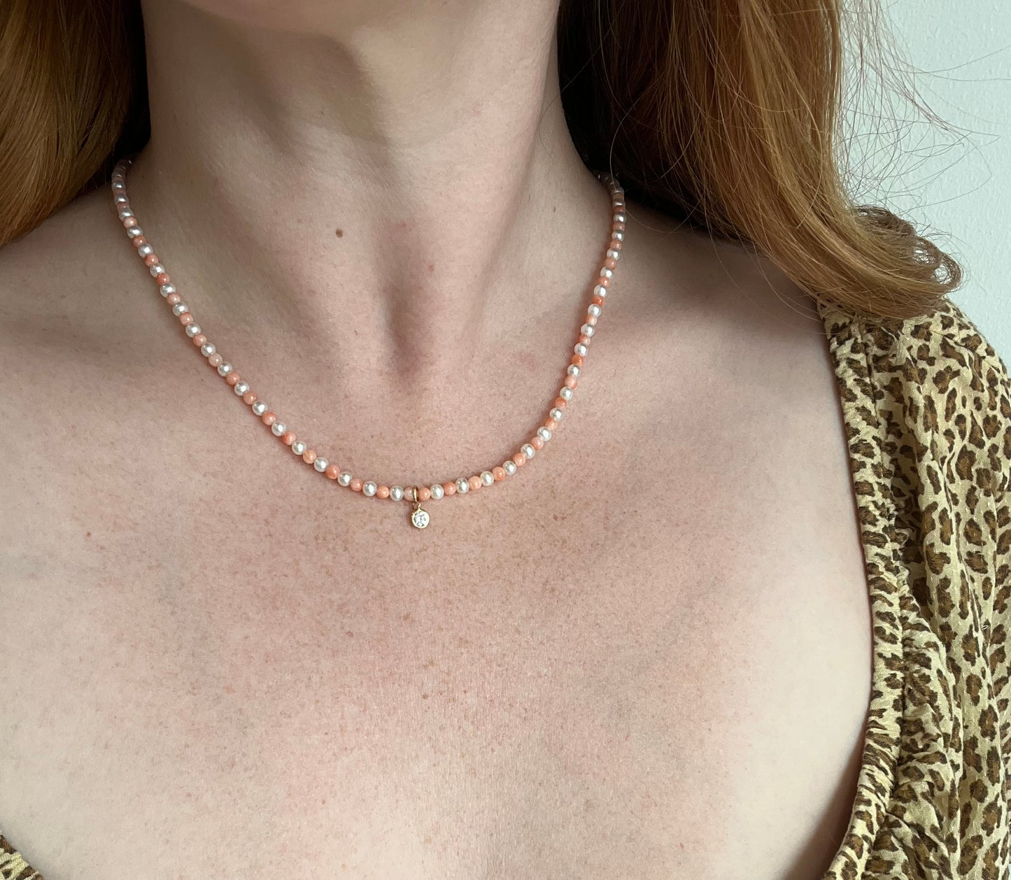 Pearl and Coral Necklace with Diamond Drop