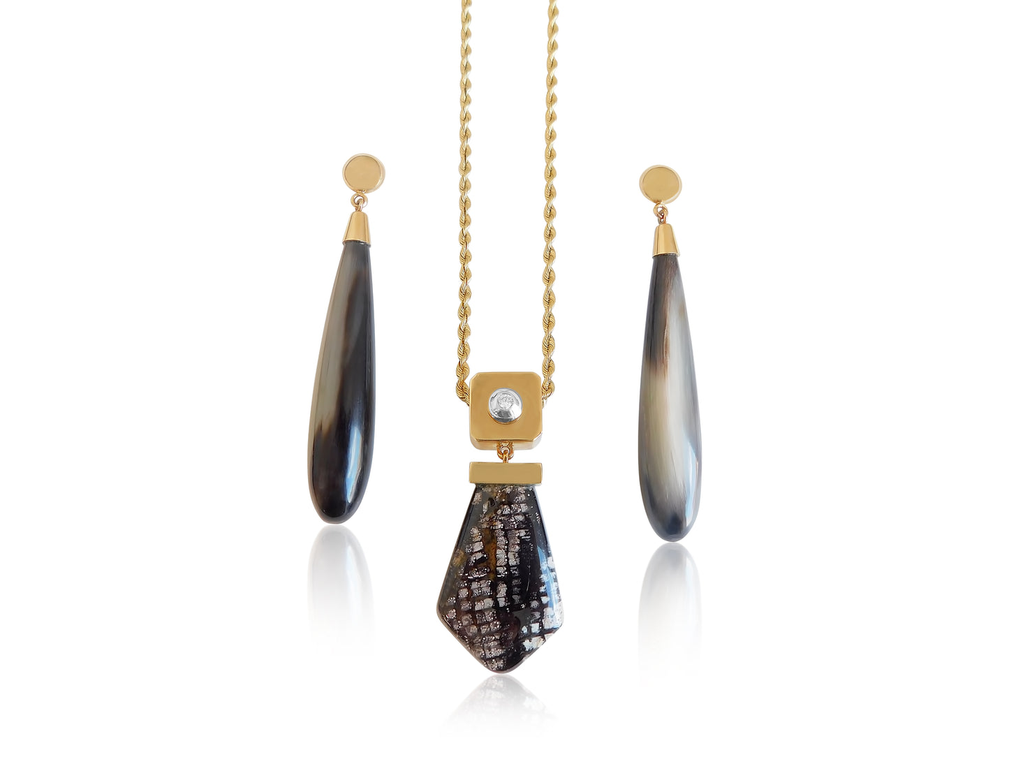 Petrified Wood and Diamond Gold Pendant