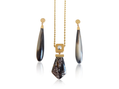Petrified Wood and Diamond Gold Pendant
