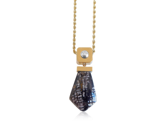 Petrified Wood and Diamond Gold Pendant
