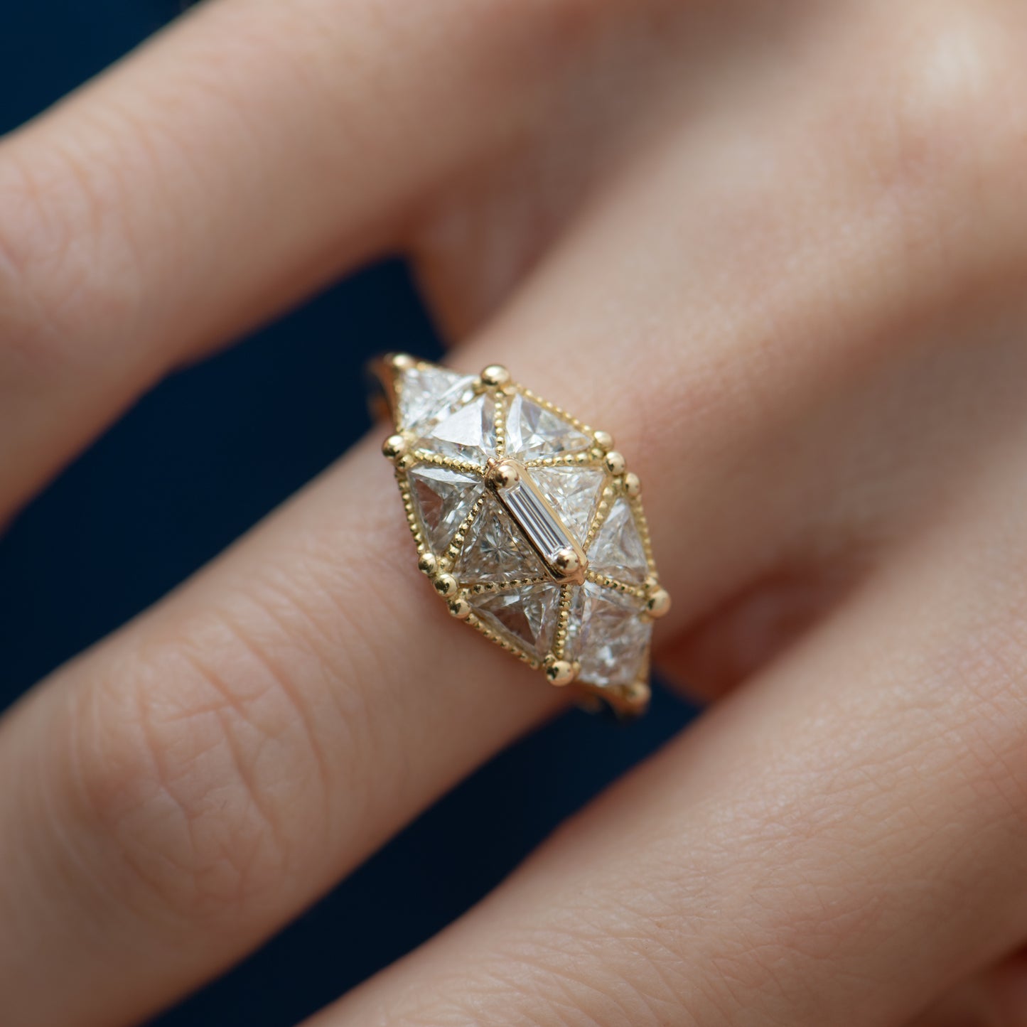 Reflective Dome Ring with Ten Triangle Diamonds