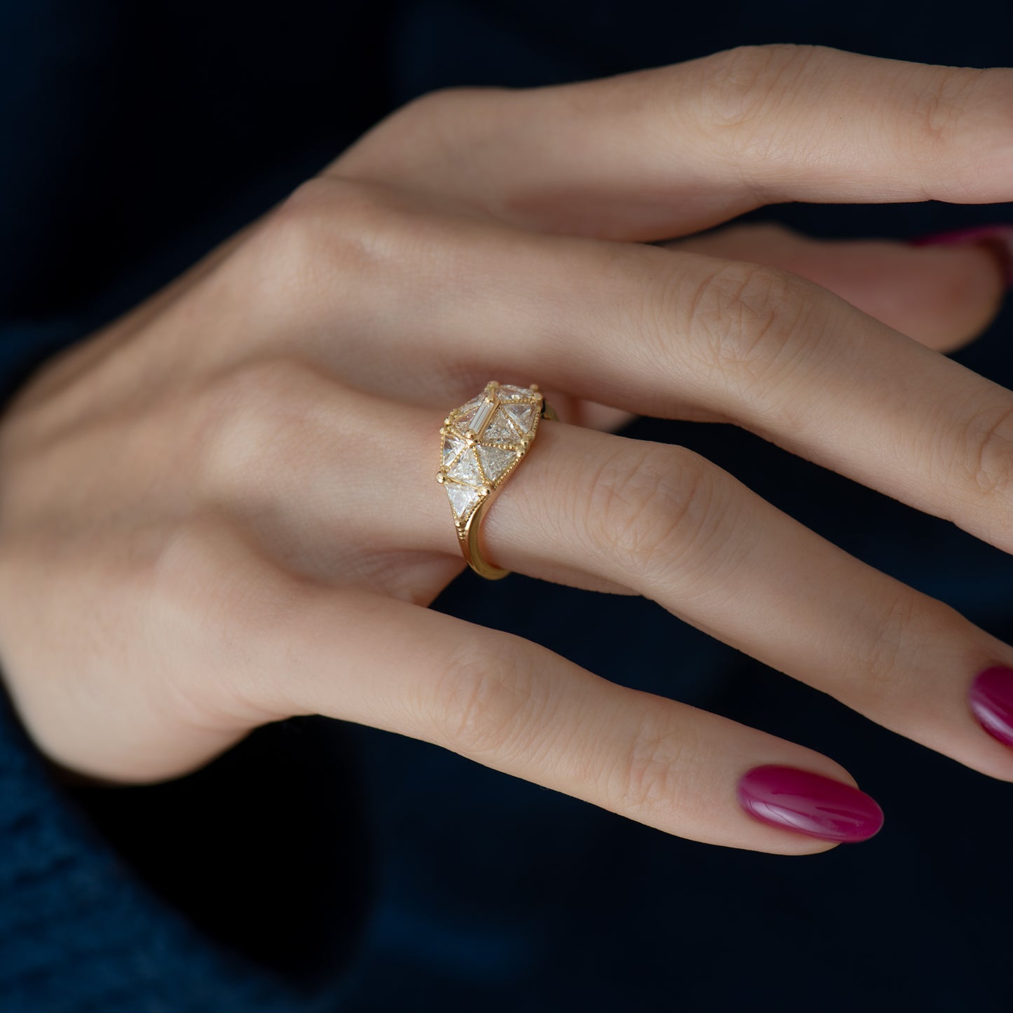 Reflective Dome Ring with Ten Triangle Diamonds
