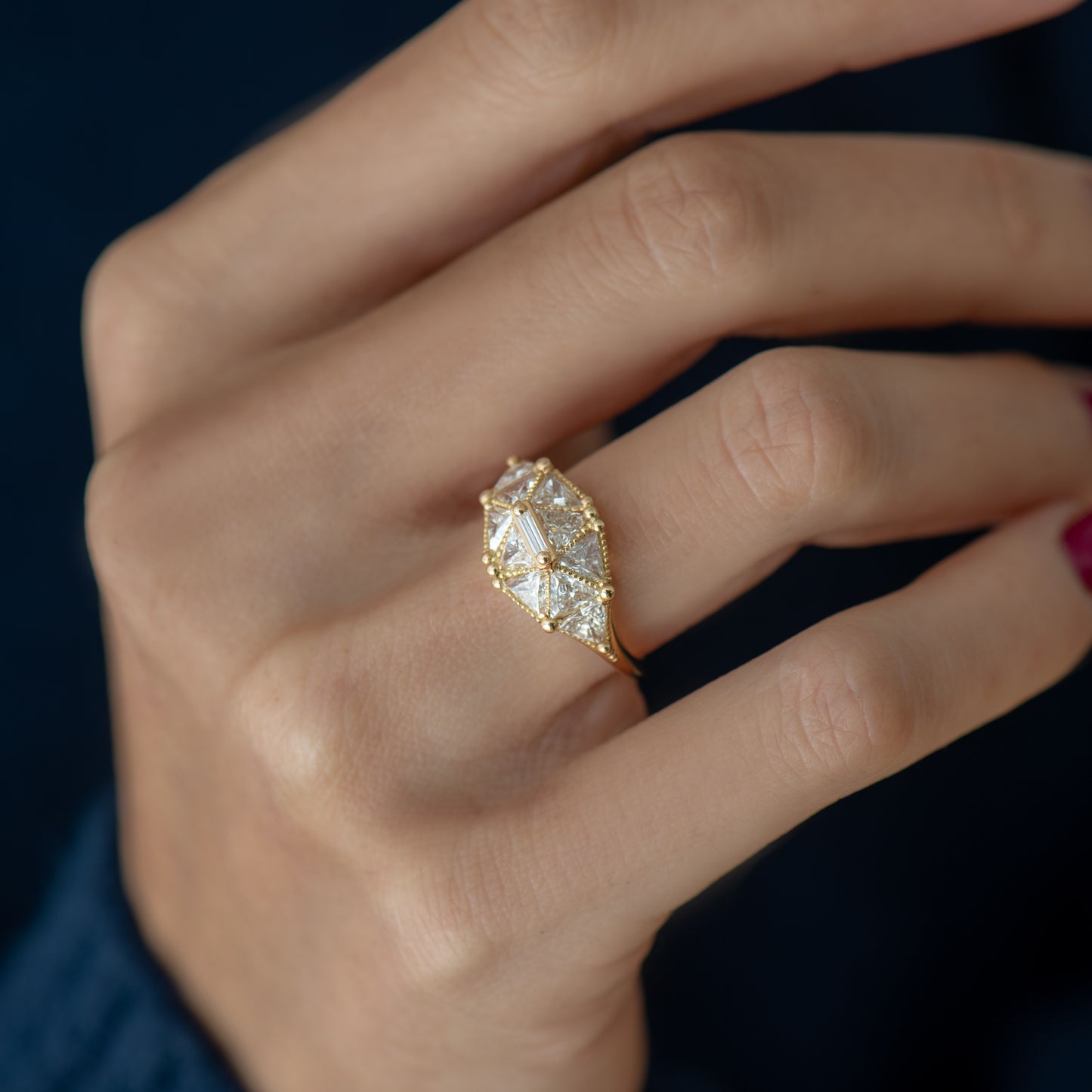 Reflective Dome Ring with Ten Triangle Diamonds