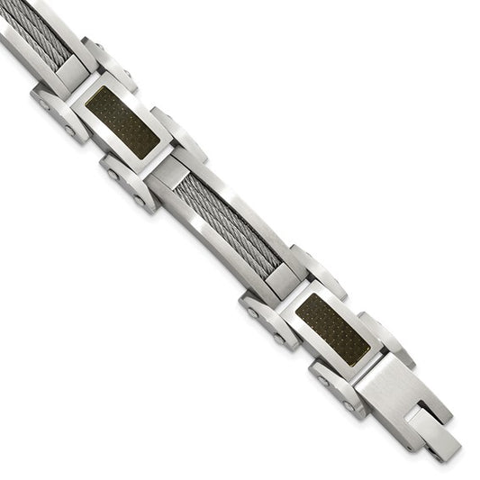 Steel Bracelet with Cable and Black Carbon Accents